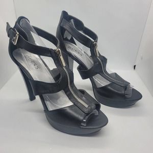 Guess black strappy t-strap zipper heels size 5 4.5" heel